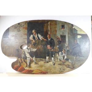 Large Painter's Palette, Circa 1900, Spanish Evening, Oil On Wood