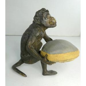 Painted Vienna Bronze Monkey, Marked, 19th Century Carrying Pin-cushion