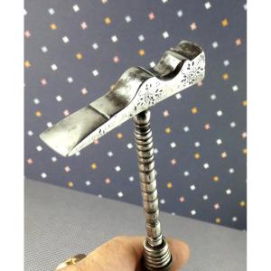 Precious French Armorer's Or Goldsmith's Hammer , Engraved Turned Steel, 19th Century