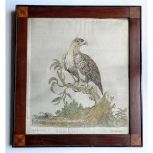 Royal Eagle, Embroidery On Silk From 1807, Signed, Beautiful Period Frame 