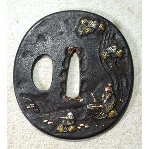 Tsuba Musicians, Edo Period, Shakudo Of Good Quality