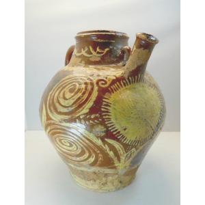 Large Oil Jar, In Sun, Glazed Majolica Val De Saône, 18th-19th Century