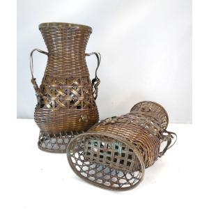 Pair Of Crab Baskets, Woven Brass Vases, Japan, 19th Century,