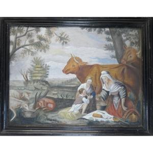 Naive Art: Sincere And Bucolic, Large 19th Century Gouache,