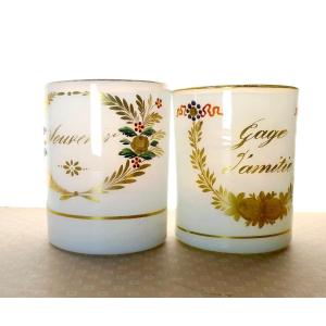 Two Pretty Opaline Crystal Goblets, Palais Royal, Circa 1825, Friendship, Souvenir