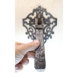 Large French Forged Door Knocker, 17-18th Century, Cross Engraved