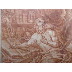 Dessin à La Sanguine, Un St Jerôme inspiré, 17 Ou 18e Siècle, Ouvrage De Piété