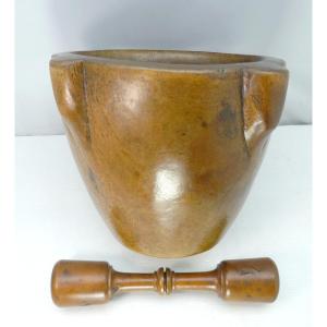 Large Solid Walnut Mortar, Hand Carved, 19th Century Turned Boxwood Pestle