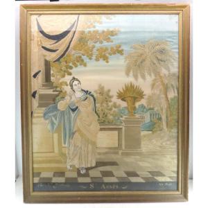 Saint Agnes, Silk Embroidery, Needle Painting From 1840, Good Condition
