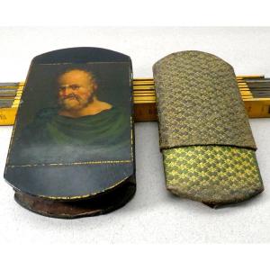 Lacquer Cigar Case, Portrait Of Philosopher, And Pouch, Circa 1850