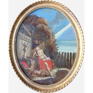 Sanct Jerome Hermit, Large Underglass Oval Painting, 18th Century