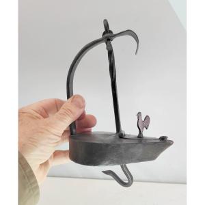 Beautiful Cocorico Oil Lamp, Wrought Iron, 18-19th Century, Folk Art