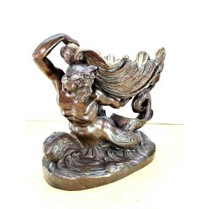 Massive Bronze Cup With Triton, Louis XIV Style, Allegory Of Water, 