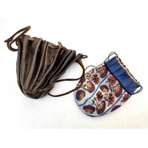 Two 19th Century Purses, Almoners, Good Condition, Leather And Fine Pearl Embroidery.
