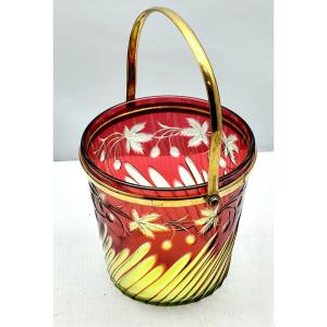 Beautiful Ice Bucket, Overlay Crystal, Engraved Of Ampelopsis, Circa 1900