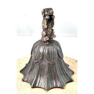 Table Bell With Bichon Dog, Patinated Bronze, 1830s Period
