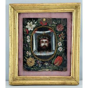Touching Miniature On Copper, 17th Century, Crown Of Flowers For Suffering Christ