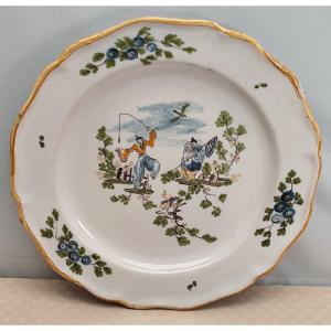 18th Century Moustiers Plate With Fishermen, Yellow Border, Good Condition
