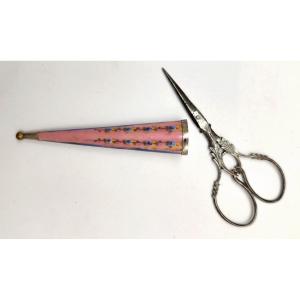 Antique Enamels Embroidery Scissors Case, Neat Cut Scissors, 19thc