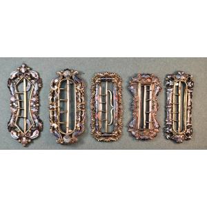 Set Of 5 Beautiful Buckles, Champlevé Enamels, Parisian Workshops, Circa 1860
