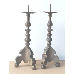 Pair Of Large Baroque Pewter Altar Torches, Dated 1701, South Germany