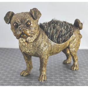 Pretty Pug Dog Pen Wiper, Vienna Bronze Painted Natural, 19th Century, Marked