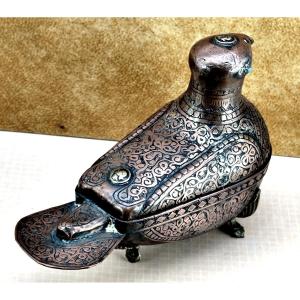 Beautiful Engraved Copper Dove-shaped Box, Persian Art, 19th Century