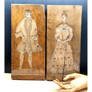 Long Live The Newlyweds! Pair Of Engraved Wooden Baking Molds, 18th Century
