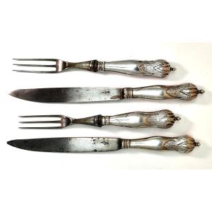 Pair Of 18th Century Game Cutlery With Marked Blades, Silver Rocaille Handle With Pommel.