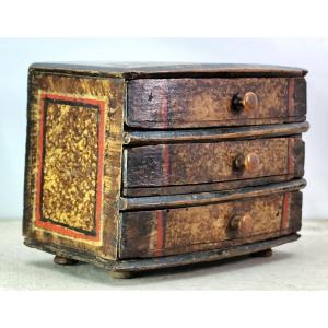 Naïve-style Box With 3 Drawers, Painted Wood, 18th Century, Found Condition