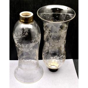  Rare Pair Of Glass Candle Holders, Blown And Engraved Crystal, Late 19th Century