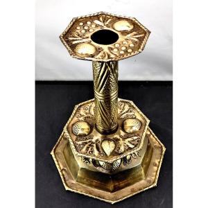 Dutch:  Large Wedding Candlestick, Repoussé Brass, Frisian Islands, 18th/19th Century