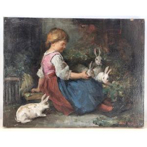 Charming Painting: Little Girl With Rabbits, Oil On Canvas, Signed, Circa 1900