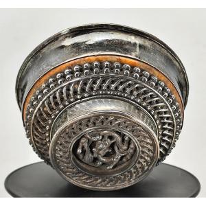 Precious Yak Butter Tea Bowl, Wood Trimmed With Tibetan Silver