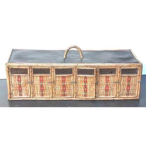 6 Homing Pigeons In A Vintage Carrier Basket, Handcrafted By Artisan.