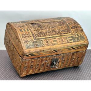 Small Rustic Domed Chest , Straw Marquetry, 18th-19th Century