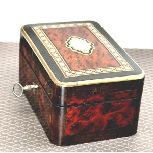 Mini Box Upholstered Of Blue Silk, Parisian Marquetry, Napoleon III
