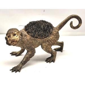 Painted Vienna Bronze Monkey , Marked, 19th Century, Pen Wiper