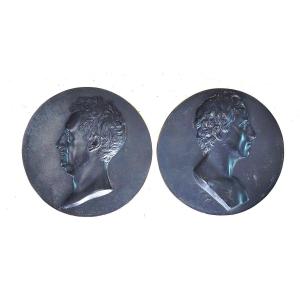 Berlin Foundry, 2 Beautiful Plaques: Goethe And Schiller, Early 19th Century, Good Condition