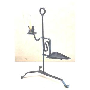 Beautiful Wrought Iron Sliding Lamp, Candle And Oil, Fine Forging, 18th-19th Century