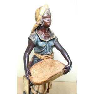 Africana: Belle Marchande Aux Paniers, Painted Terracotta By B.bloch, Signed
