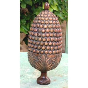 Large Architectural Pinecone, Carved Elm Wood, 19th Century