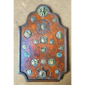 Carved And Engraved Wooden Panel, Decorated With French Hunting Buttons, 19th-century