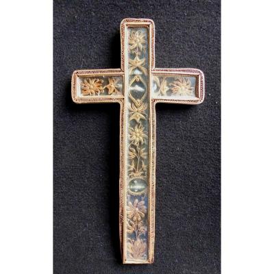 Cruciform Reliquary, 18thc, Gilt Papirolli Under Glass