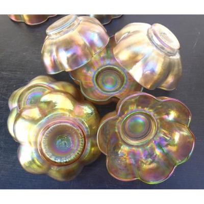 Art Nouveau, Set Of 10 Iridescent Glass Cups, Austria, Loetz?