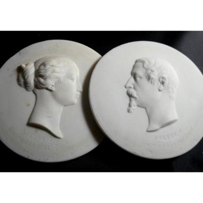 Pair 0f Sèvres Bisque  Profiles, Napoleon III And Eugenie , Fine Medallions