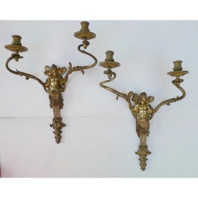 Large Sconces With Elves, Chiseled Bronze, French Regence Style