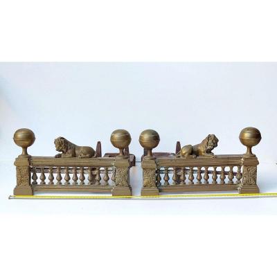 Large Bronze Andirons With Lions, Late 18th Century, Condition Of Discovery.