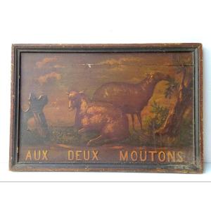 aux deux moutons, Enseigne d'auberge XIXe, peinture naïve sur bois