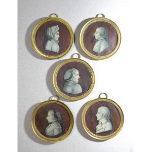 Set Of Five Miniatures Grisaille, Early 19th, Same Hand